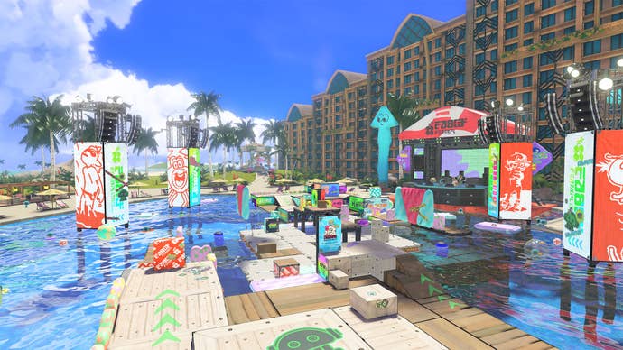 A level that is on water with a stage in Splatoon 3 is shown