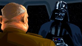 A screenshot from Star Wars Dark Forces showing Darth Vader pointing at a man looking at him