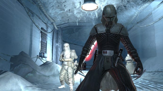 Star Wars: The Force Unleashed image showing Starkiller in full armor next to a snowtrooper in the ice tunnels of Hoth.