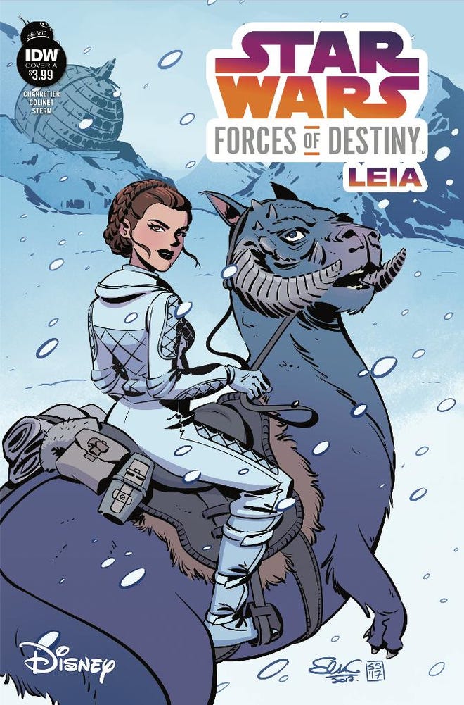 Star Wars Forces of Destiny Cover, Princess Leia is sat on a Tauntaun on an icy planet