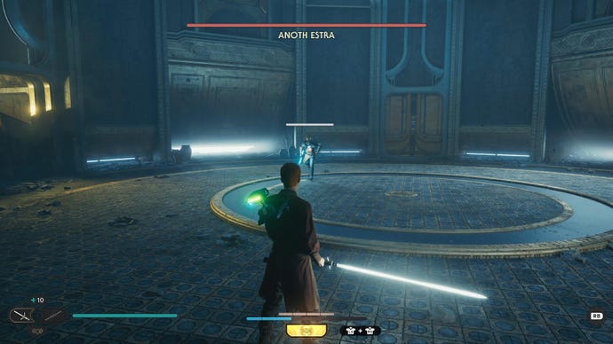 Star Wars Jedi Survivor screenshot showing Cal wielding a white Crossguard lightsaber as he faces Anoth Estra.