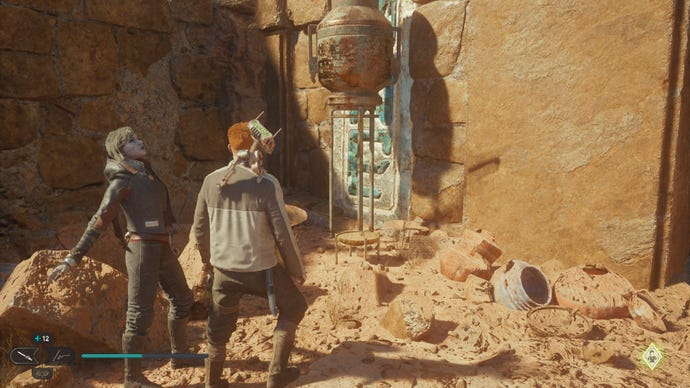 Star Wars Jedi Survivor screenshot showing Cal and Merrin stood by a large urn in the desert.