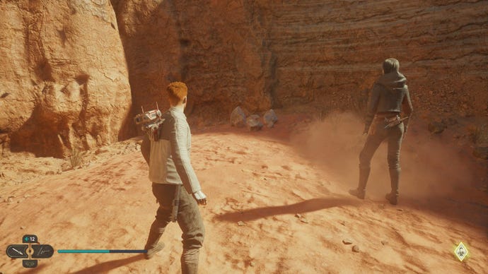 Star Wars Jedi Survivor screenshot showing Cal and Merrin stood in the desert.