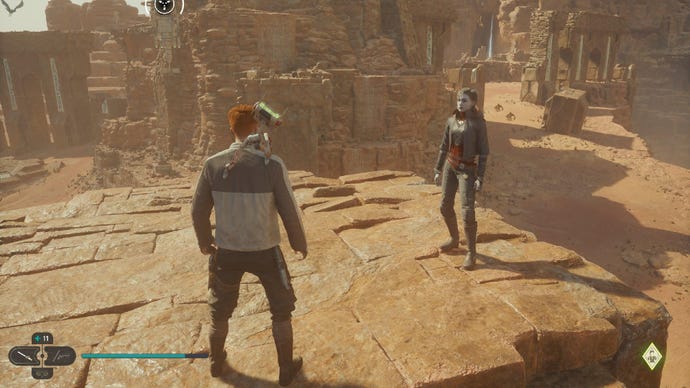 Star Wars Jedi Survivor screenshot showing Cal and Merrin on top of a pillar overlooking the desert.