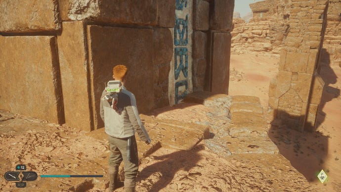 Star Wars Jedi Survivor screenshot showing Cal stood on a high ledge overlooking the desert.