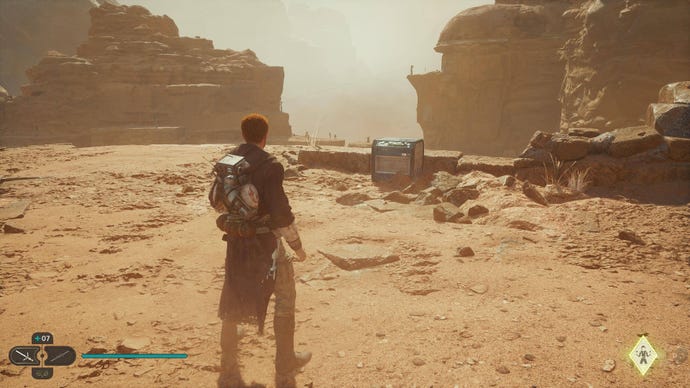 Star Wars Jedi Survivor image showing Cal staring at a chest on the sandy dunes of Jedha.