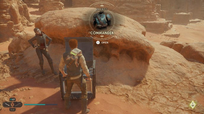 Star Wars Jedi Survivor image showing Cal opening a chest, with Merrin stood nearby.