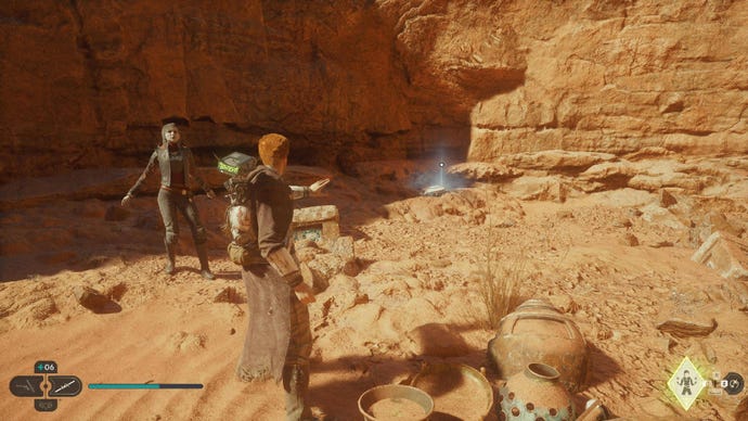 Star Wars Jedi Survivor screenshot showing Cal staring at a glowing force echo atop some sandy rocks, with Merrin stood nearby.