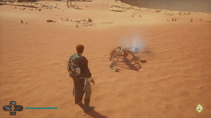 Star Wars Jedi Survivor screenshot showing Cal staring at some glowing beast bones on the dunes of Jedha.