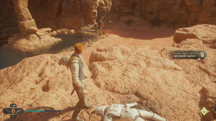 Star Wars Jedi Survivor screenshot showing Cal stood next to a stormtrooper corpse on Jedha.