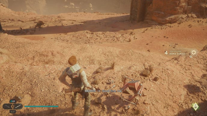 Star Wars Jedi Survivor screenshot showing Cal stood on the Jedha desert, next to a Jedha Scroll.