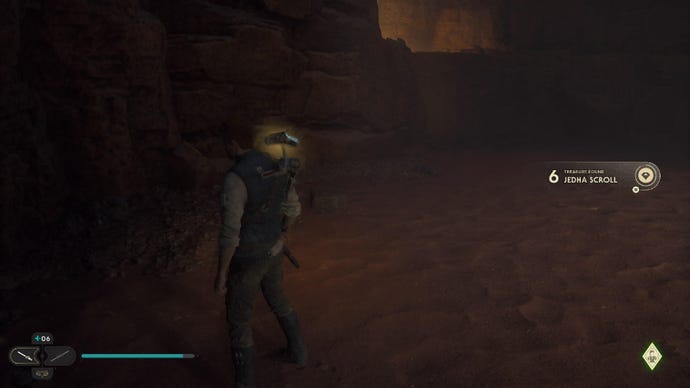 Star Wars Jedi Survivor screenshot showing Cal stood in a dark cave, getting a Jedha Scroll.