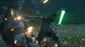 Star Wars Jedi Survivor screenshot showing Cal slicing off a Bedlam Raider's arm with a green lightsaber.