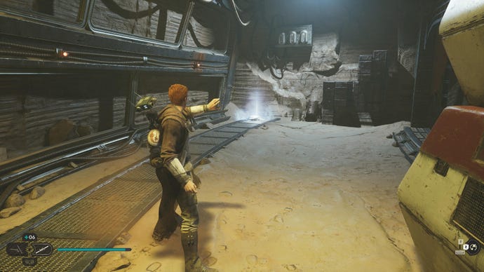 Star Wars Jedi Survivor screenshot showing Cal staring at a glowing force echo in a tunnel of Cere's Base.