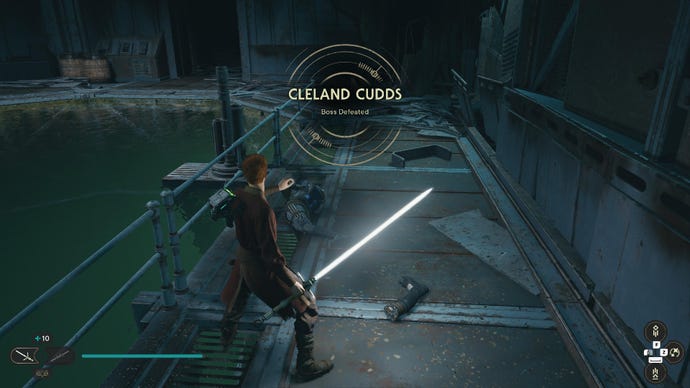 Star Wars Jedi Survivor Screenshot, der viser Cal, stod ved liget af Cleland Cudds med hans lyssabel trukket