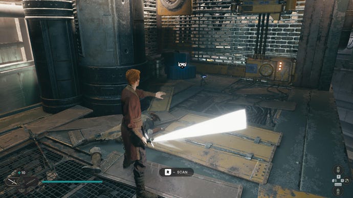 Star Wars Jedi Survivor screenshot showing Cal stood near a Databank scan point.