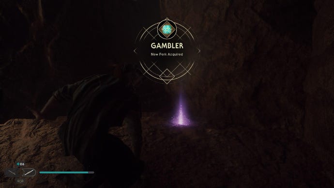 Star Wars Jedi: Survivor screenshot showing Cal crouching in a dark cave, near a purple glow on the floor.