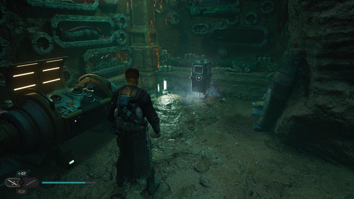 Star Wars Jedi: Survivor screenshot showing Cal stood in a dimly lit cave.