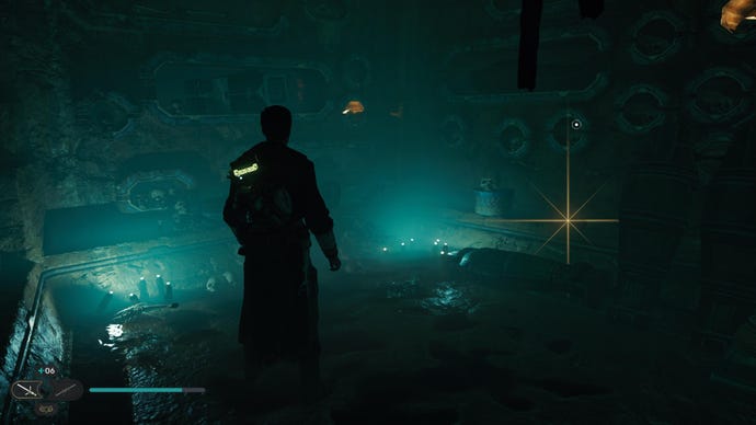 Star Wars Jedi: Survivor screenshot showing Cal stood in a dark cave, staring at a glinting treasure up ahead.