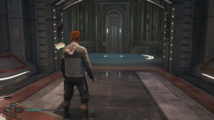 Jedi Survivor Image, der viser Cal, der stirrer gennem en åben dør ind i et kammer på Coruscant