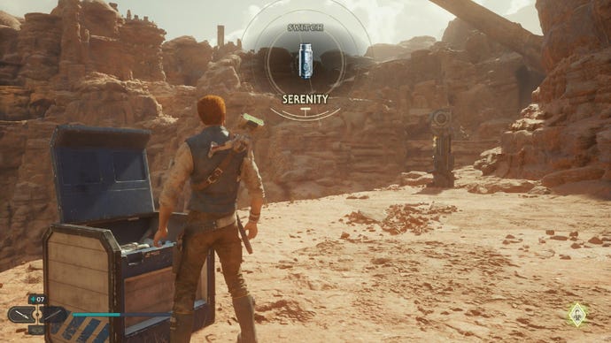 Star Wars Jedi Survivor screenshot showing Cal opening a chest on Jedha.