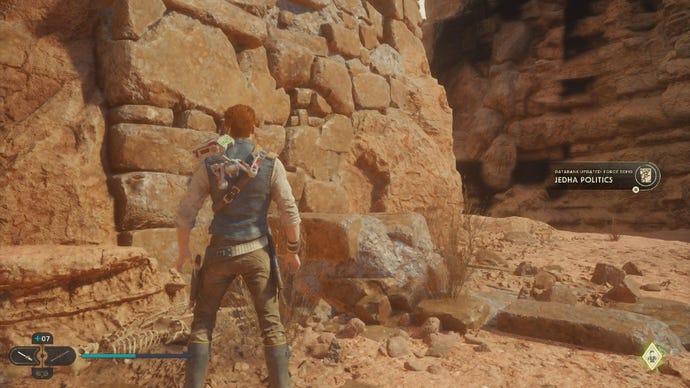 Star Wars Jedi Survivor screenshot showing Cal stood by a scan point on Jedha.