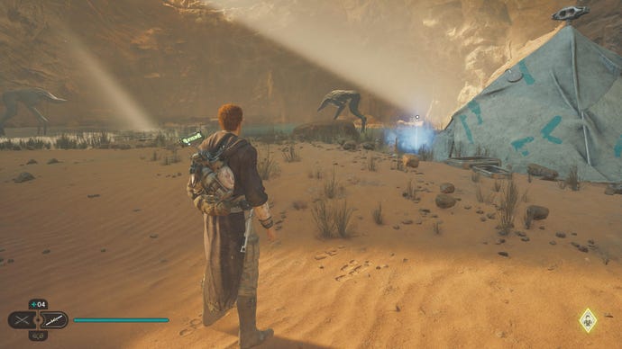 Star Wars Jedi Survivor screenshot showing Cal stood on a desert staring at a force echo.