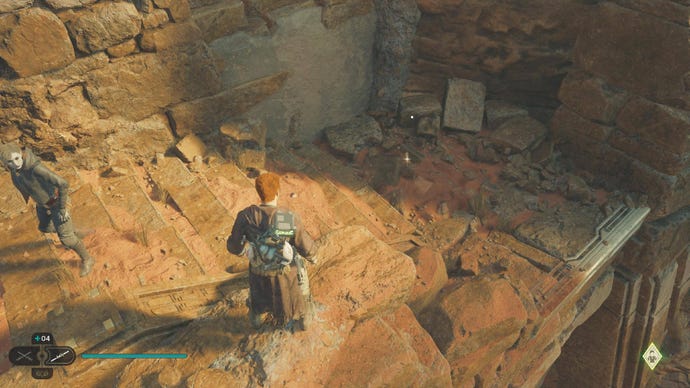 Star Wars Jedi Survivor screenshot showing Cal stood in a sandy ruin on Jedha.