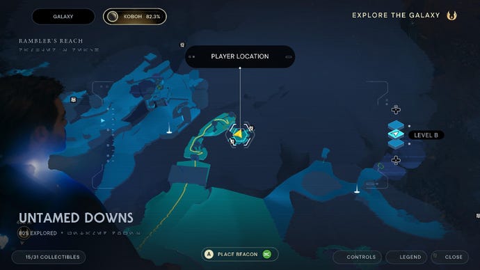 Captura de pantalla de Star Wars Jedi Survivor que muestra la ubicación de E3-Ve3 en el mapa
