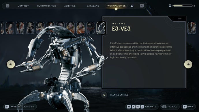 Captura de pantalla Star Wars Jedi Survivor que muestra la entrada del banco de datos de un Droideka llamado E3-Ve3