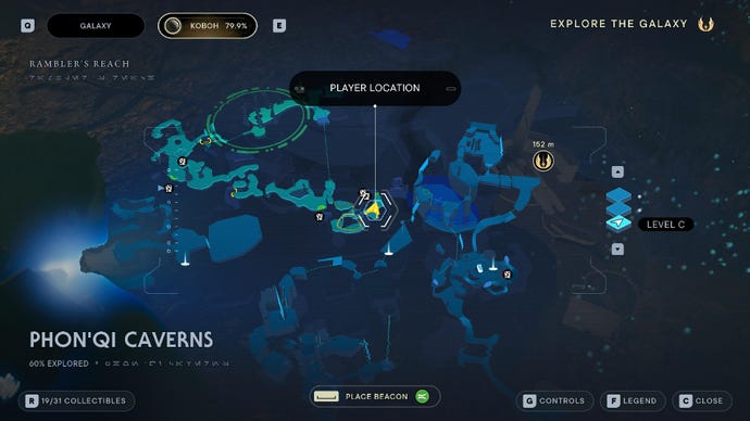 Captura de tela de Stars Jedi Wars Jedi, mostrando a localização de Erjef Mekor no mapa