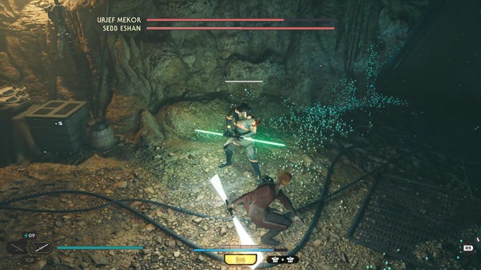 Star Wars Jedi Survivor screenshot showing Cal wielding a white double-bladed lightsaber as he fights a Bedlam Raider, who holds a green double-bladed lightsaber.