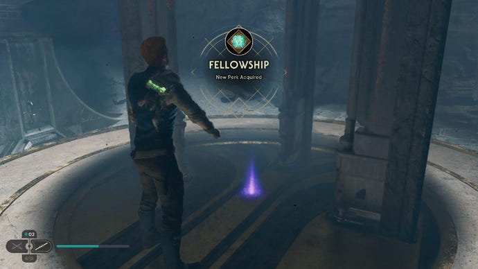 Star Wars Jedi Survivor screenshot showing Cal Kestis receiving the Fellowship perk.