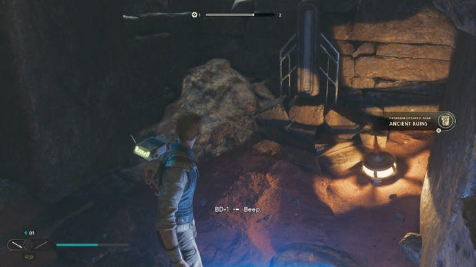 Star Wars Jedi Survivor screenshot showing Cal stood next to a databank scan point.