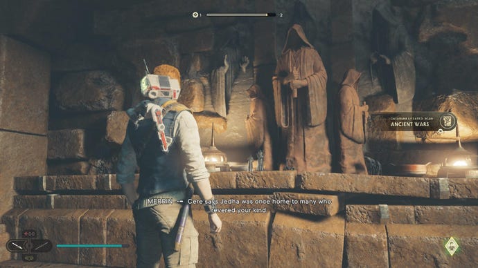 Star Wars Jedi Survivor screenshot showing Cal staring at some ancient Jedi statues.