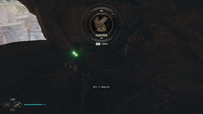 Star Wars Jedi Survivor screenshot showing Cal near an open chest, with a popup of a Hunter's jacket.