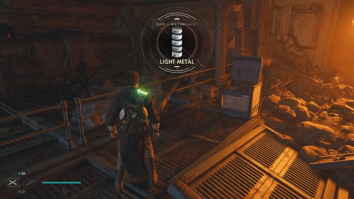 Star Wars Jedi Survivor screenshot showing Cal near an open chest, with a popup of Light Metal BD-1 Materials.