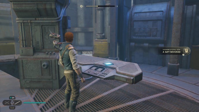 Star Wars Jedi Survivor screenshot showing Cal stood near a scannable device on a table.