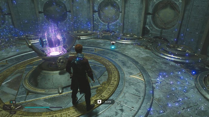 Star Wars Jedi Survivor screenshot showing Cal stood near a scannable device on the floor in a room filled with purple wisps.