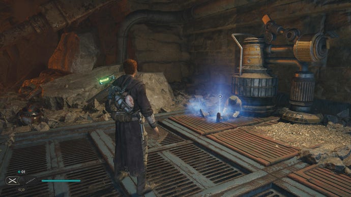 Star Wars Jedi Survivor screenshot showing Cal stood near a glowing blue Force Echo.