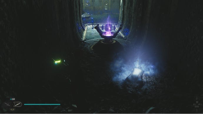 Star Wars Jedi Survivor screenshot showing Cal stood near a glowing blue Force Echo.