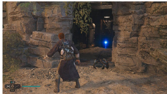 Star Wars Jedi Survivor screenshot showing Cal stood near a Force Essence that's in a rocky tunnel.