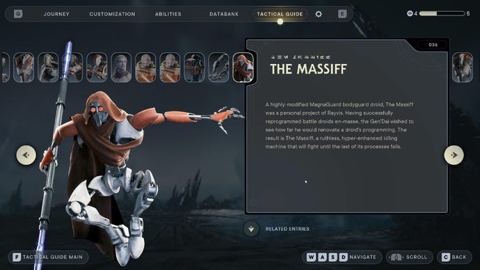 Star Wars Jedi Survivor screenshot showing the databank entry of The Massiff, a modified Magnaguard.
