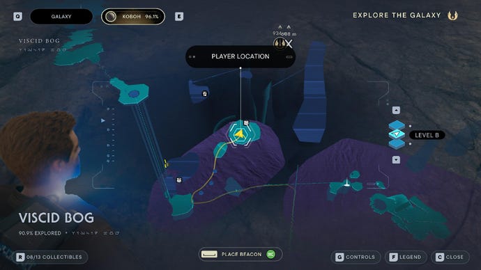 Captura de pantalla de Star Wars Jedi Survivor que muestra la ubicación del terror de Mire en el mapa
