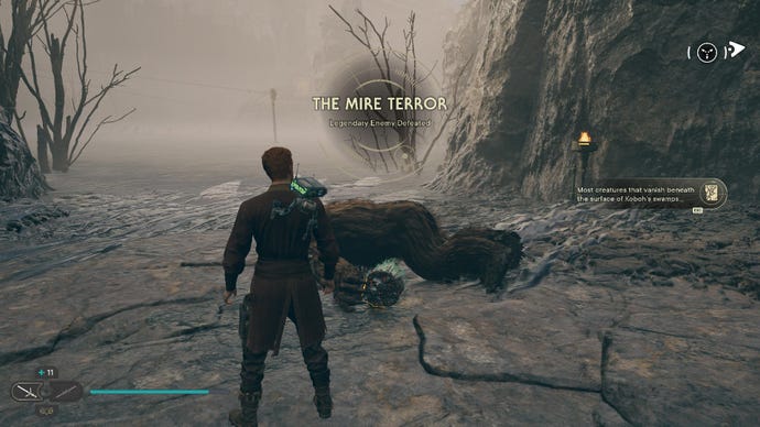 Star Wars Jedi Survivor Captura de pantalla que muestra a Cal parado junto al cadáver de un mógrafo en el pantano
