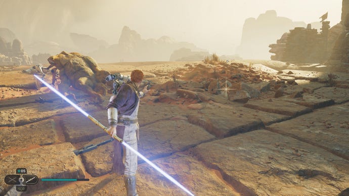Star Wars Jedi Survivor screenshot showing Cal staring at a Jedha Scroll glint and wielding a double bladed lightsaber in Monastery Walls.