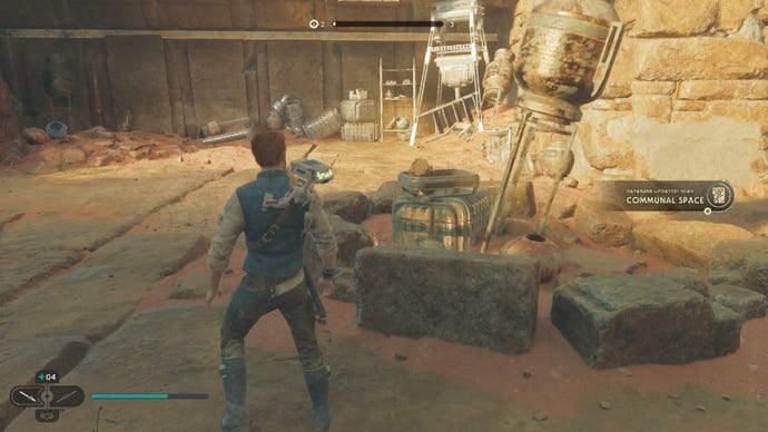 Star Wars Jedi Survivor screenshot showing Cal next to a heap of camp supplies.