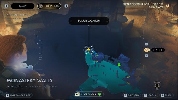 Star Wars Jedi Survivor screenshot showing the location of a treasure on the map of Monastery Walls.