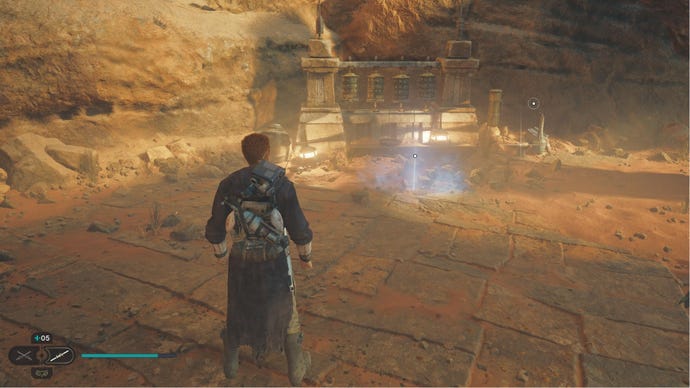 Star Wars Jedi Survivor screenshot showing Cal staring at a Jedha Scroll glint next to some Prayer Wheels in Monastery Walls.