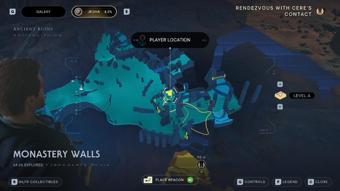 Star Wars Jedi Survivor screenshot showing the location of a treasure on the map of Monastery Walls.